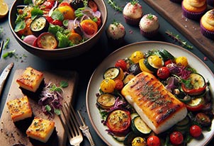 Un plato de ratatouille, otro plato con ensalada, otro plato con bacalao al horno y cake pops